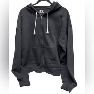 SO Black Full-Zip Hoodie with White Drawstrings